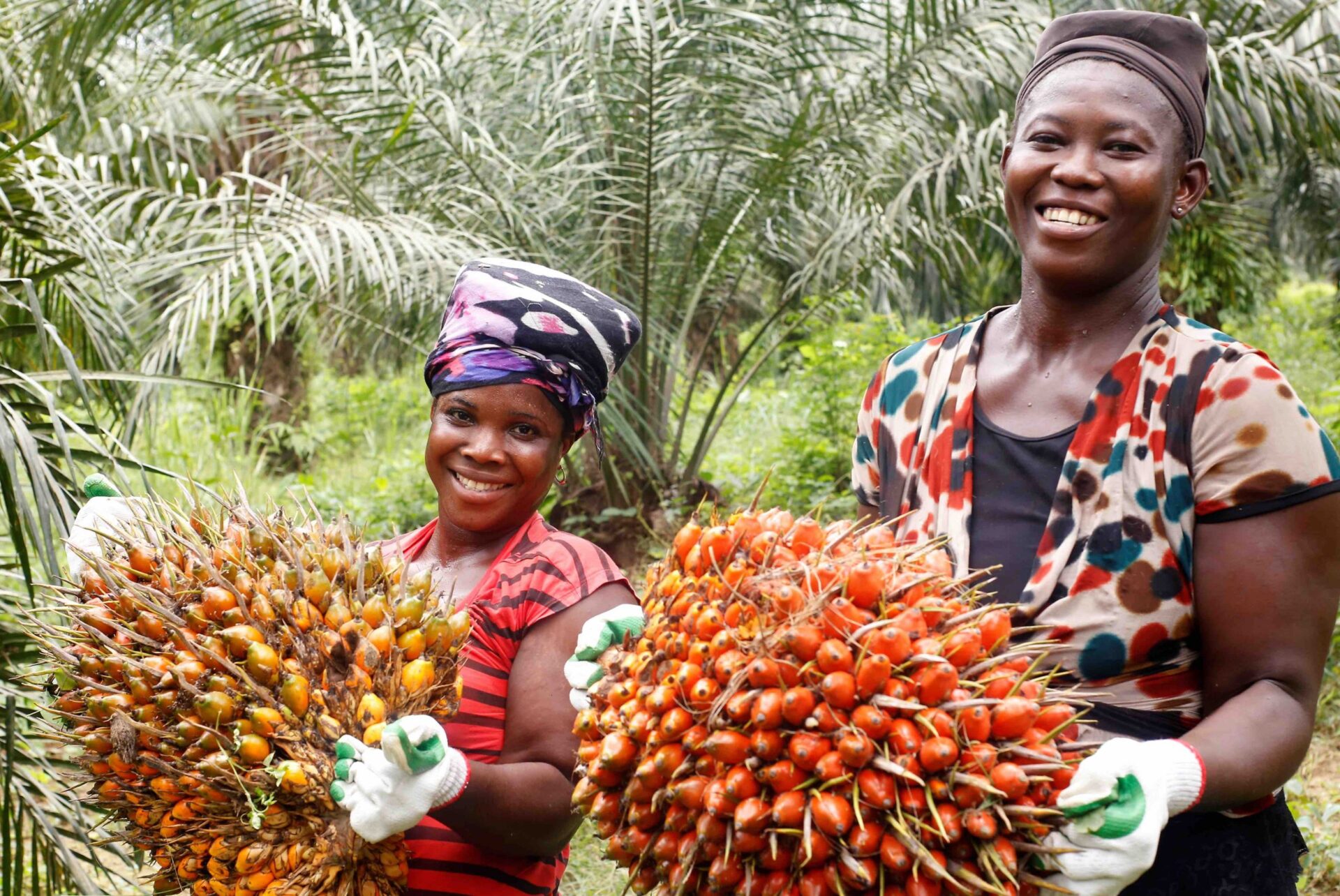 Zwei Frauen halten Palm-Früchte in den Händen.